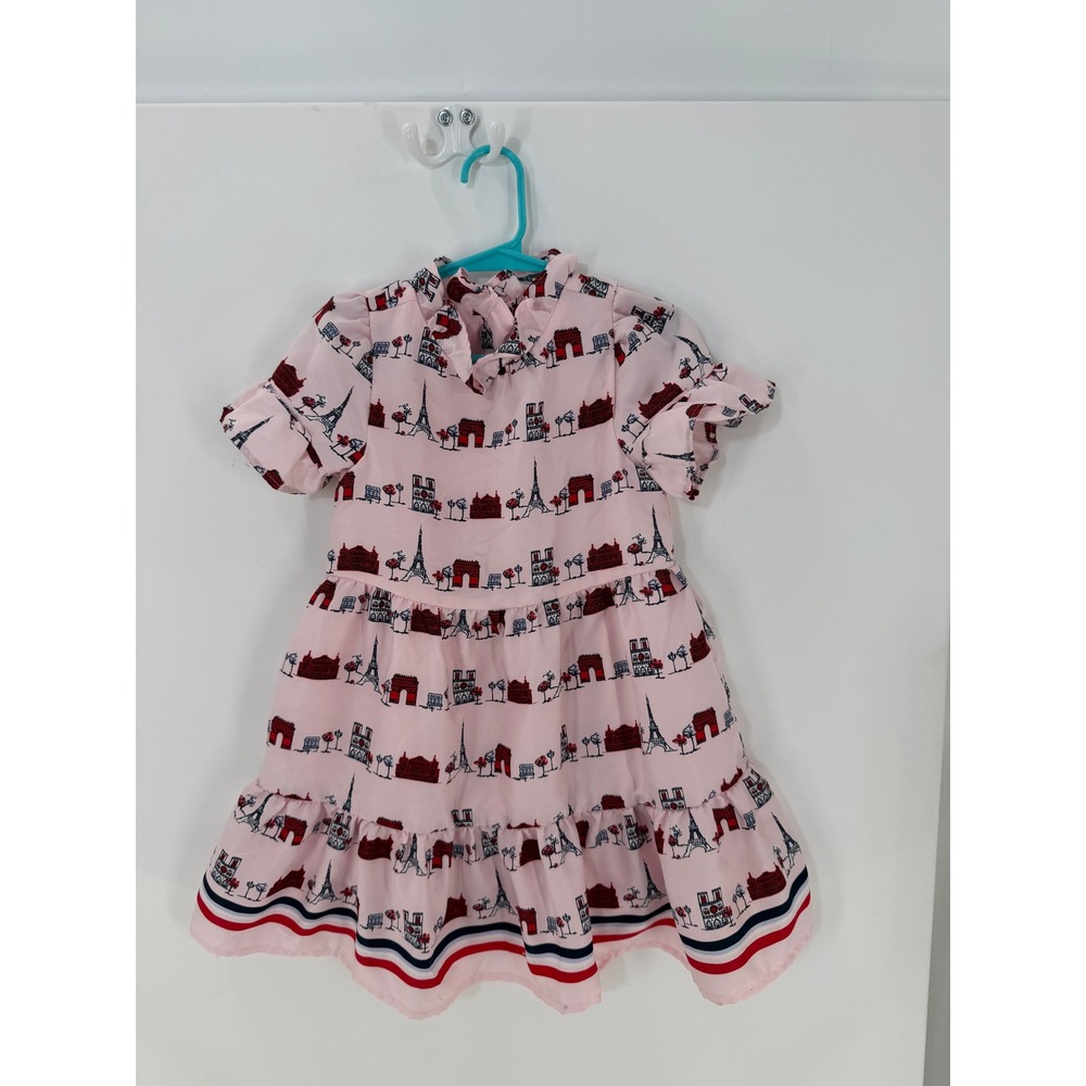 Janie and Jack Girls Pink Paris Landmark Print Satin Tiered Dress Size 4